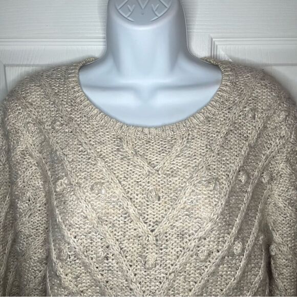 GAP Heather Oatmeal Cream Crew Neck Sweater Bobble Textured Knit Puff Sleeves M - Picture 6 of 13